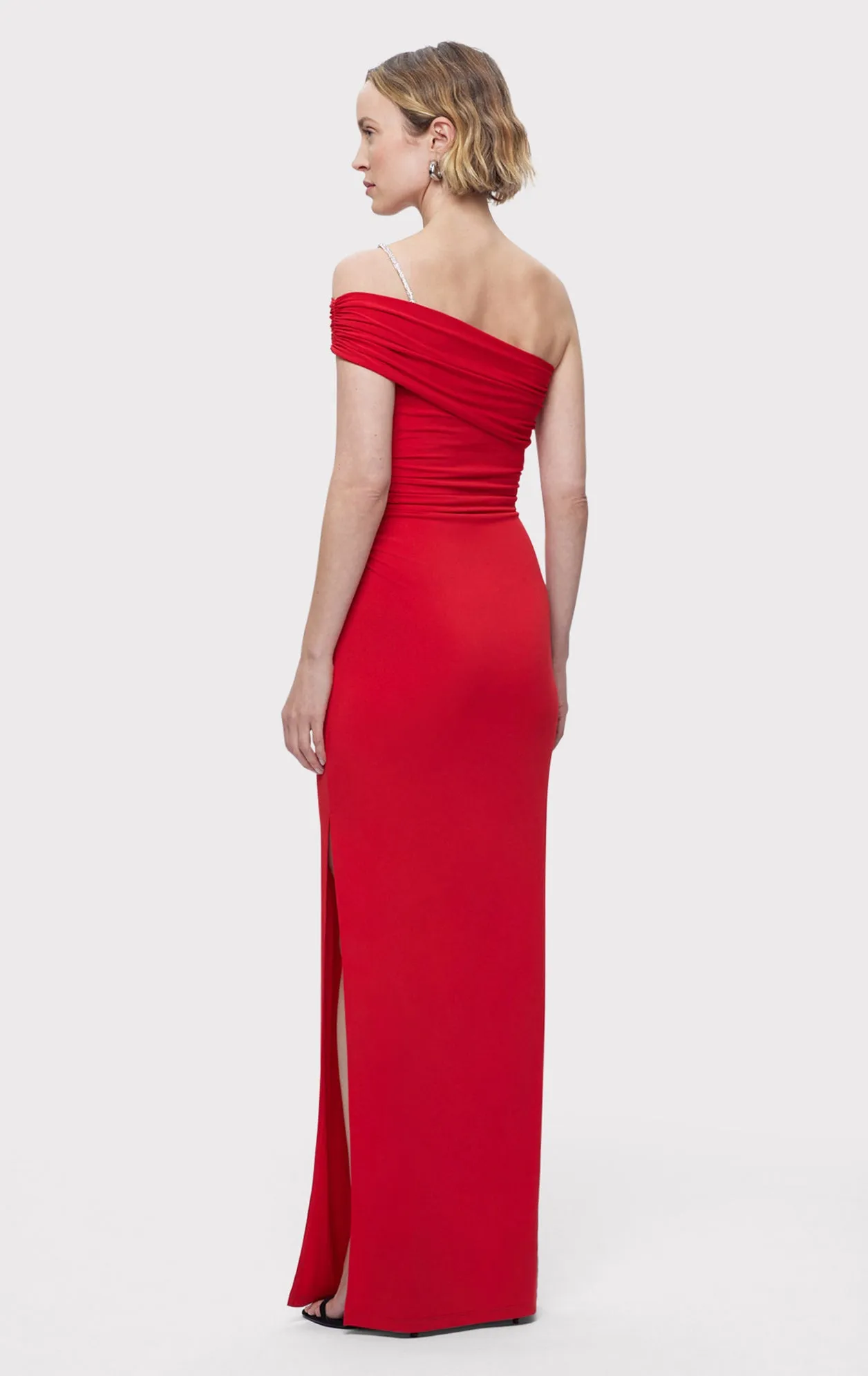 ASYMMETRICAL JERSEY GOWN W/ CRYSTAL TRIM