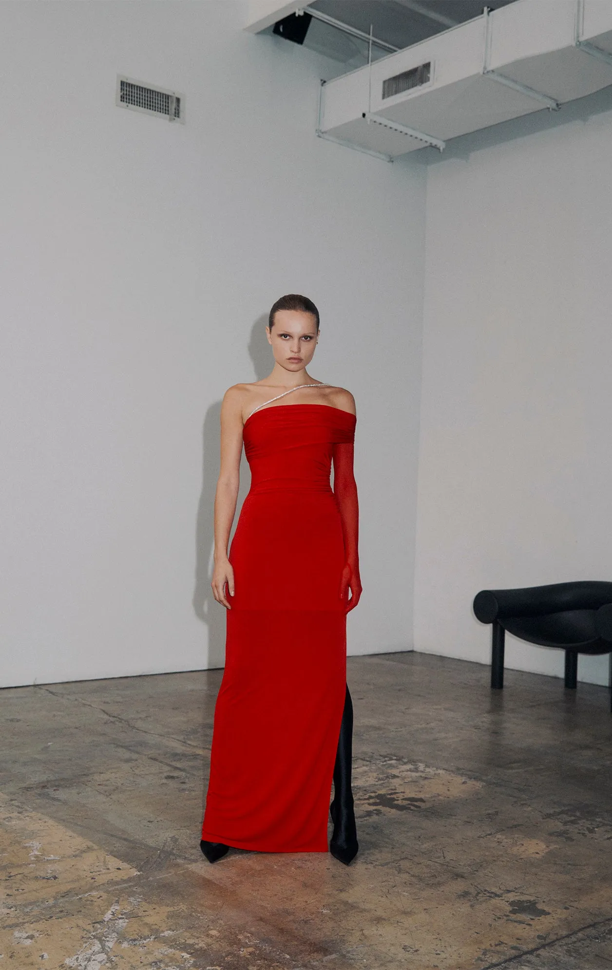ASYMMETRICAL JERSEY GOWN W/ CRYSTAL TRIM