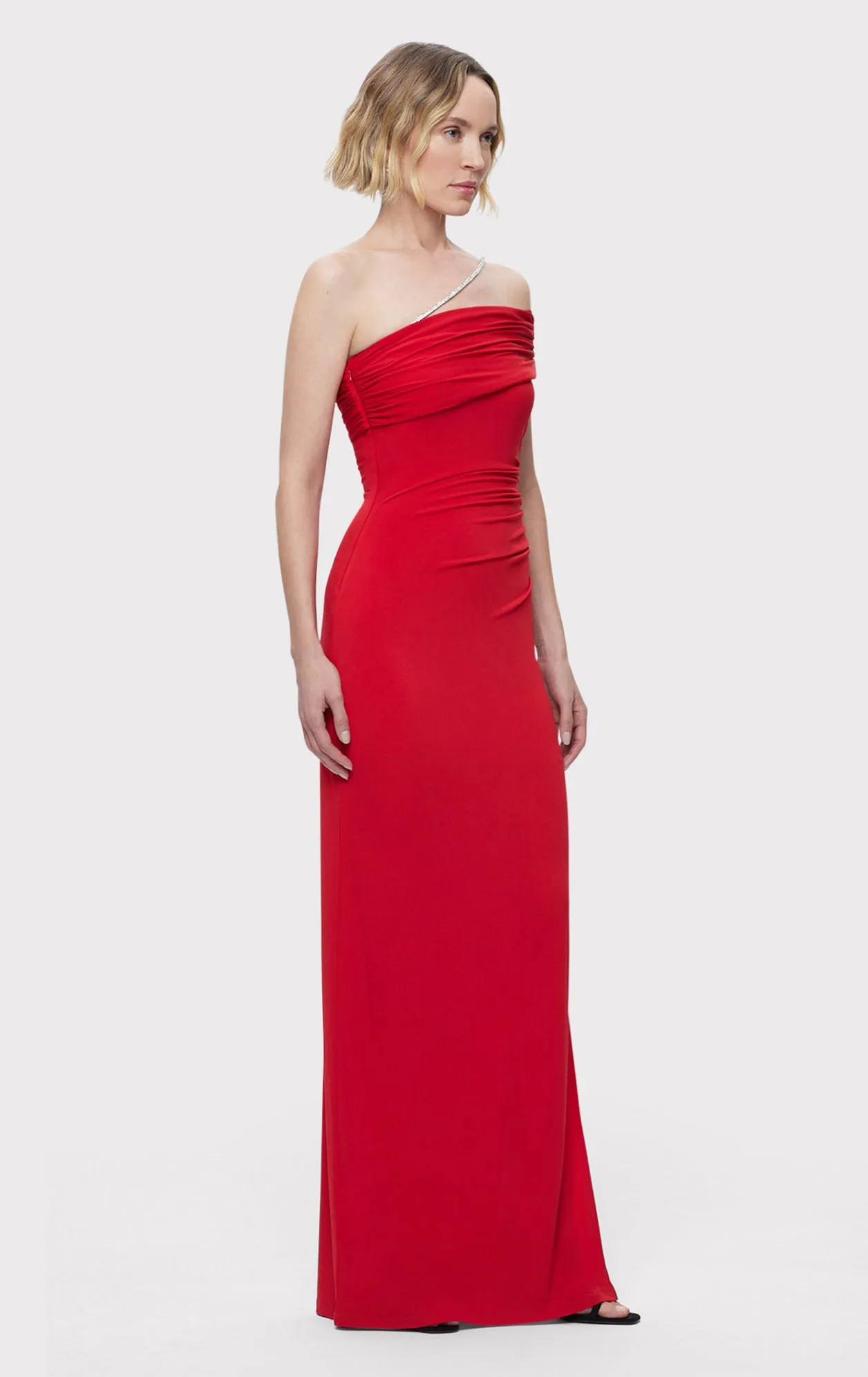 ASYMMETRICAL JERSEY GOWN W/ CRYSTAL TRIM