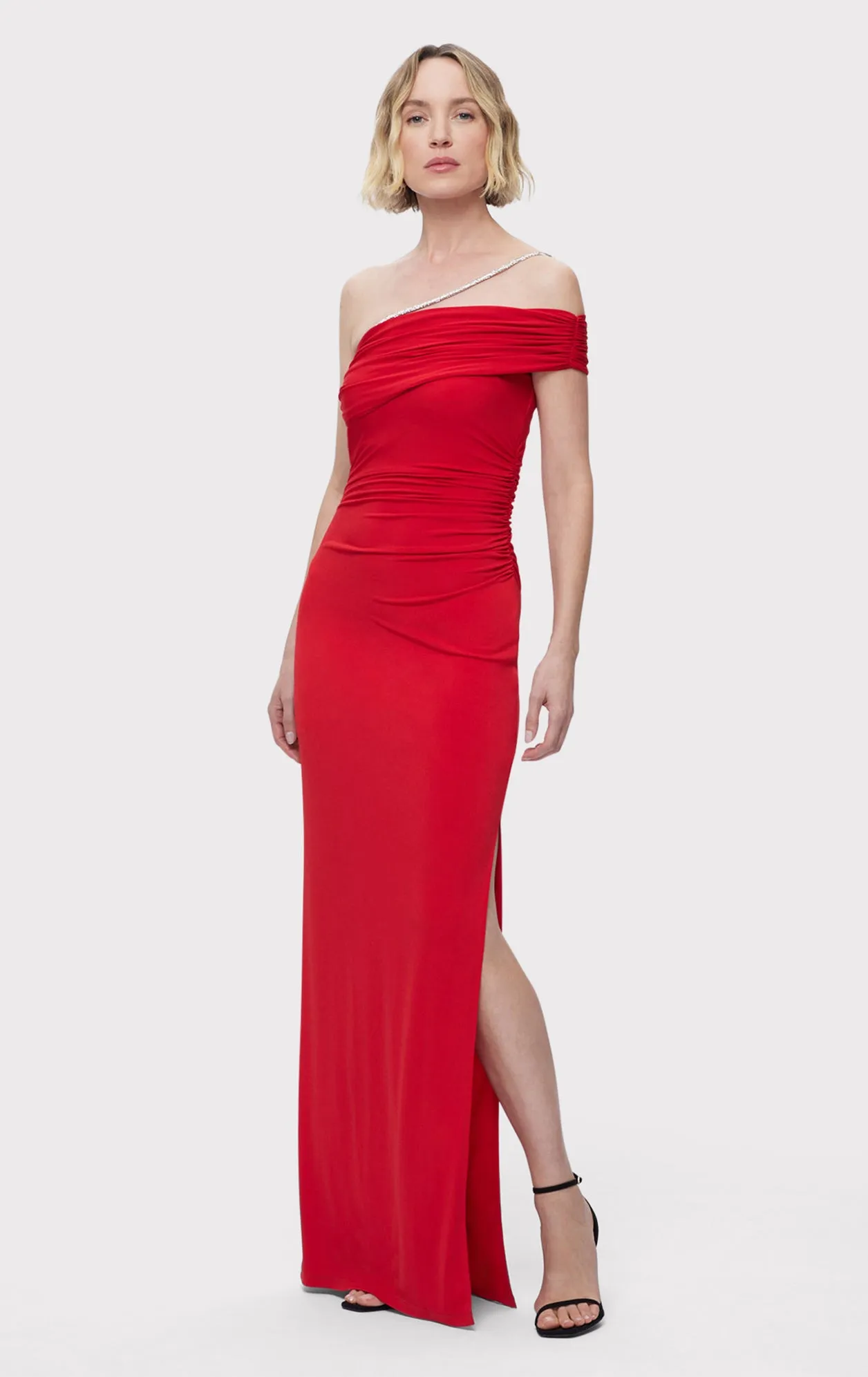 ASYMMETRICAL JERSEY GOWN W/ CRYSTAL TRIM