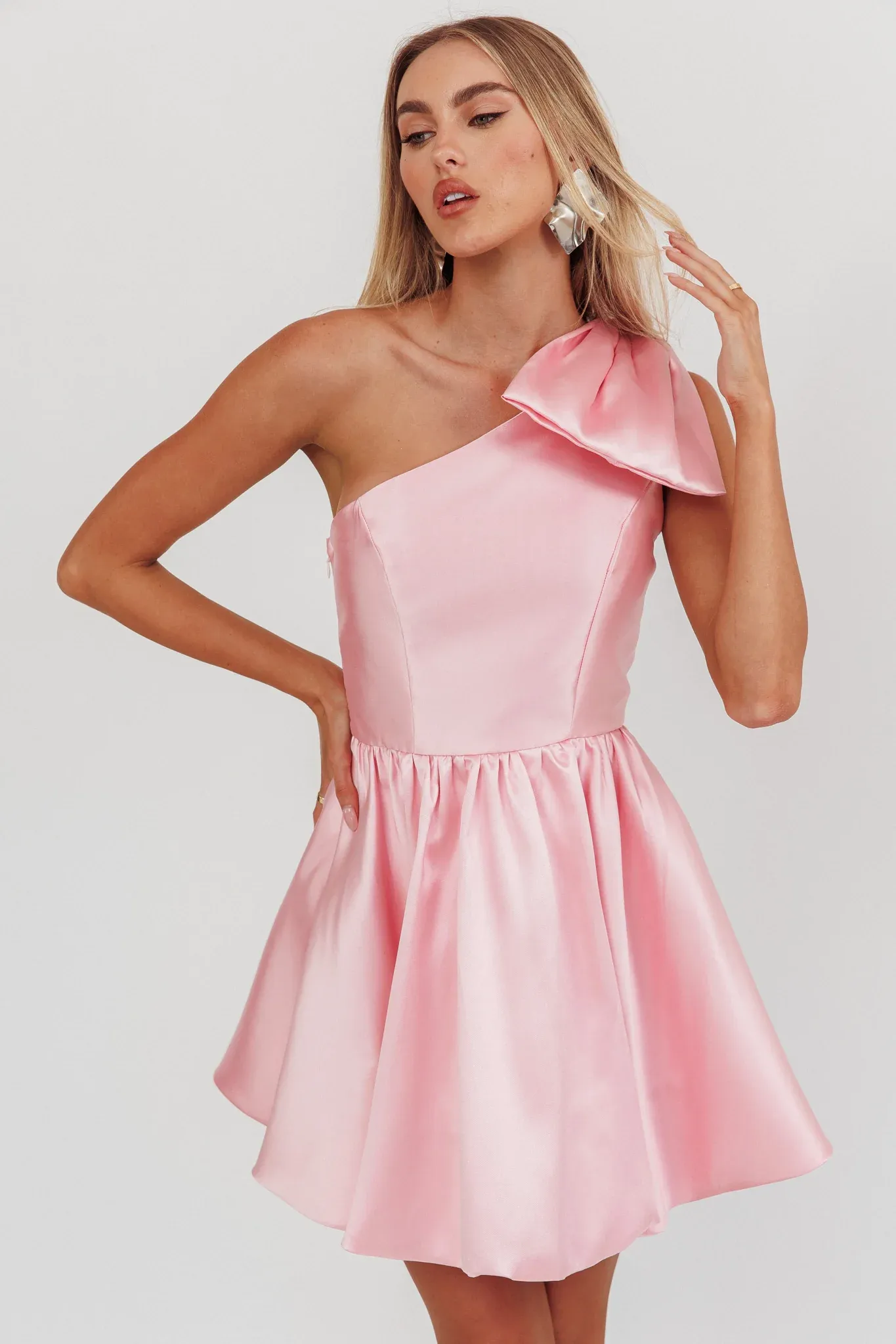 Athens Shoulder Bow Bubble Hem Mini Dress Blush