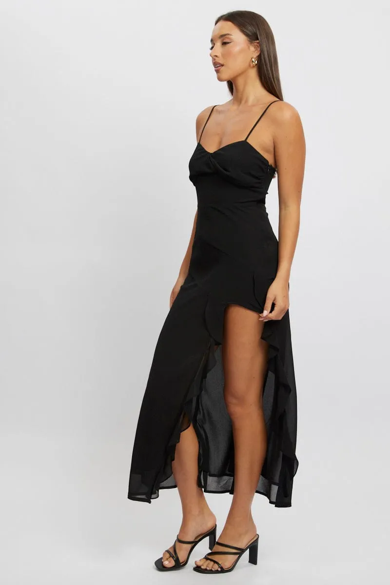 Black Bodycon Dress Maxi Ruffle Slit Chiffon