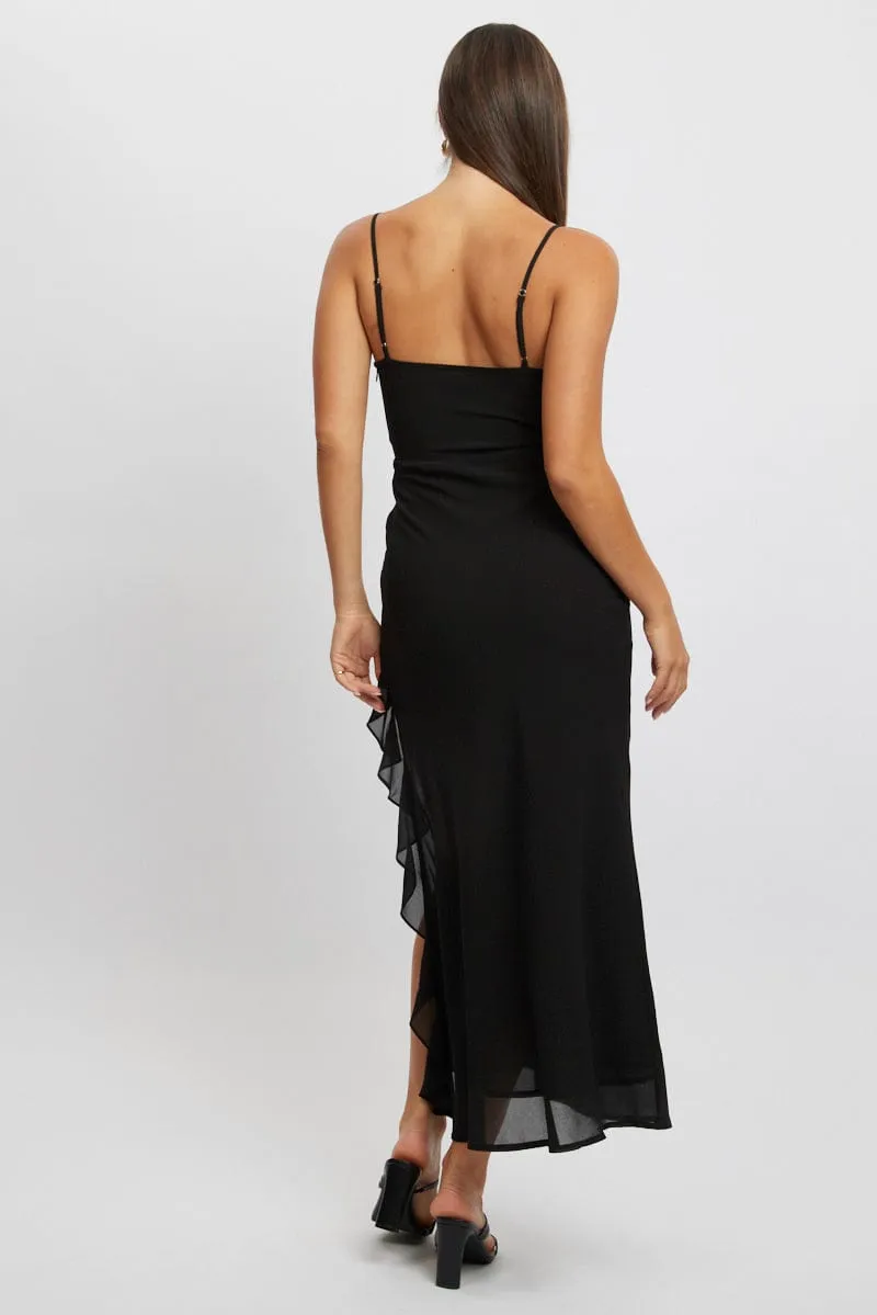 Black Bodycon Dress Maxi Ruffle Slit Chiffon