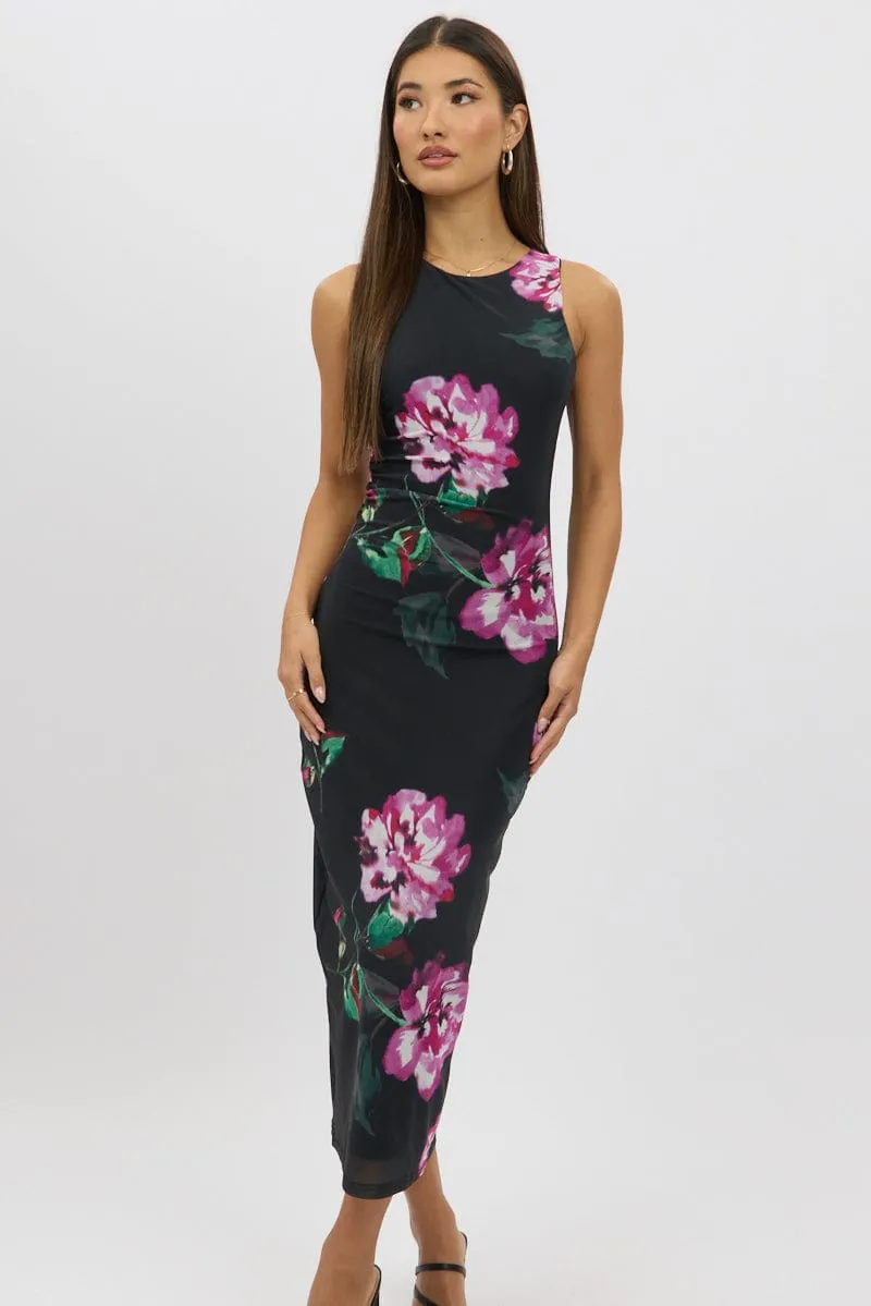 Black Floral Bodycon Dress Sleeveless
