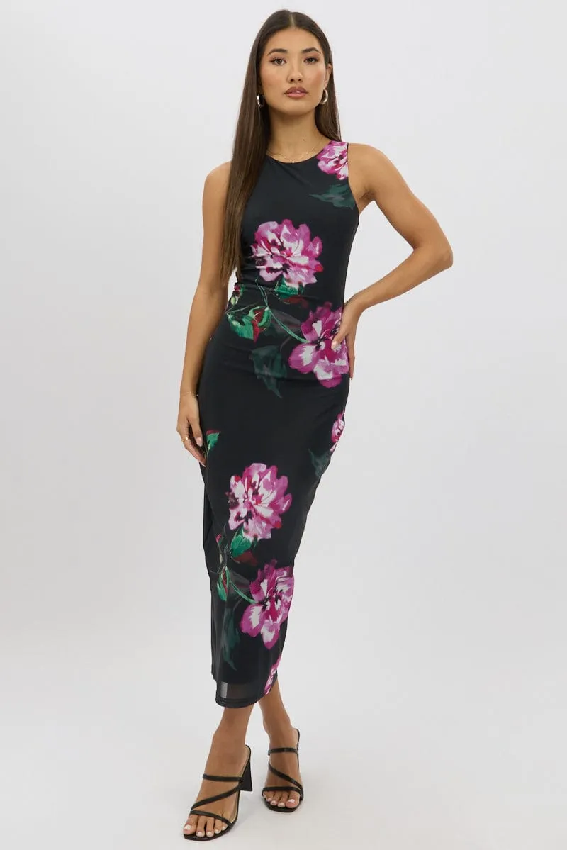 Black Floral Bodycon Dress Sleeveless