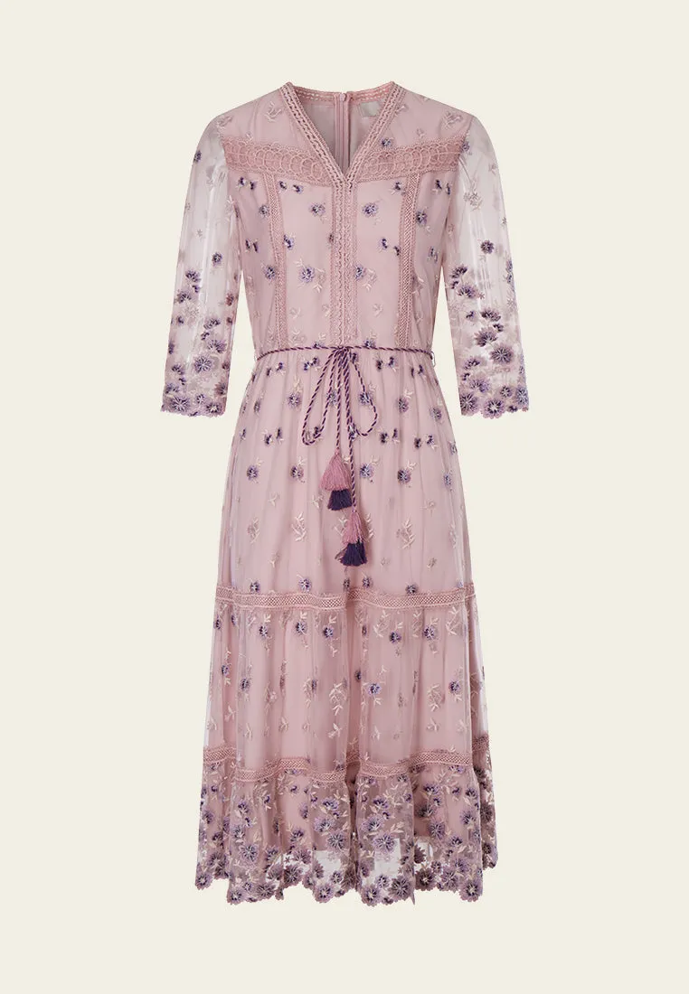 Bohemian Purple V-neck Embroidered Dress