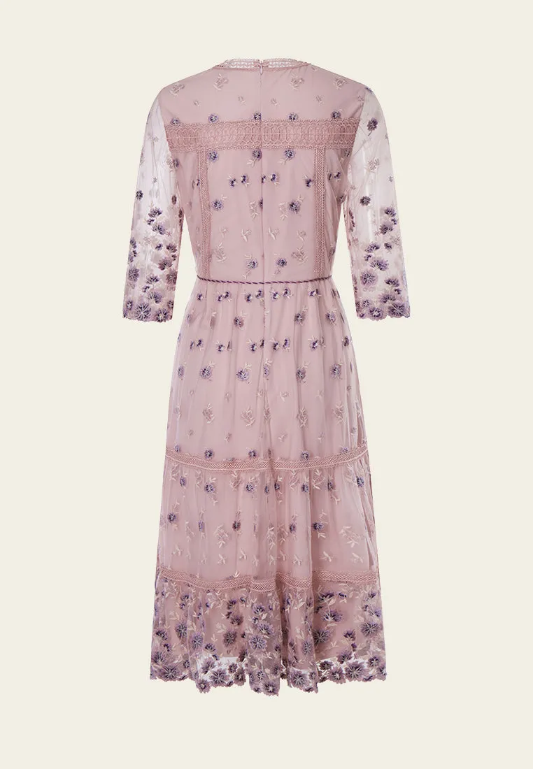 Bohemian Purple V-neck Embroidered Dress