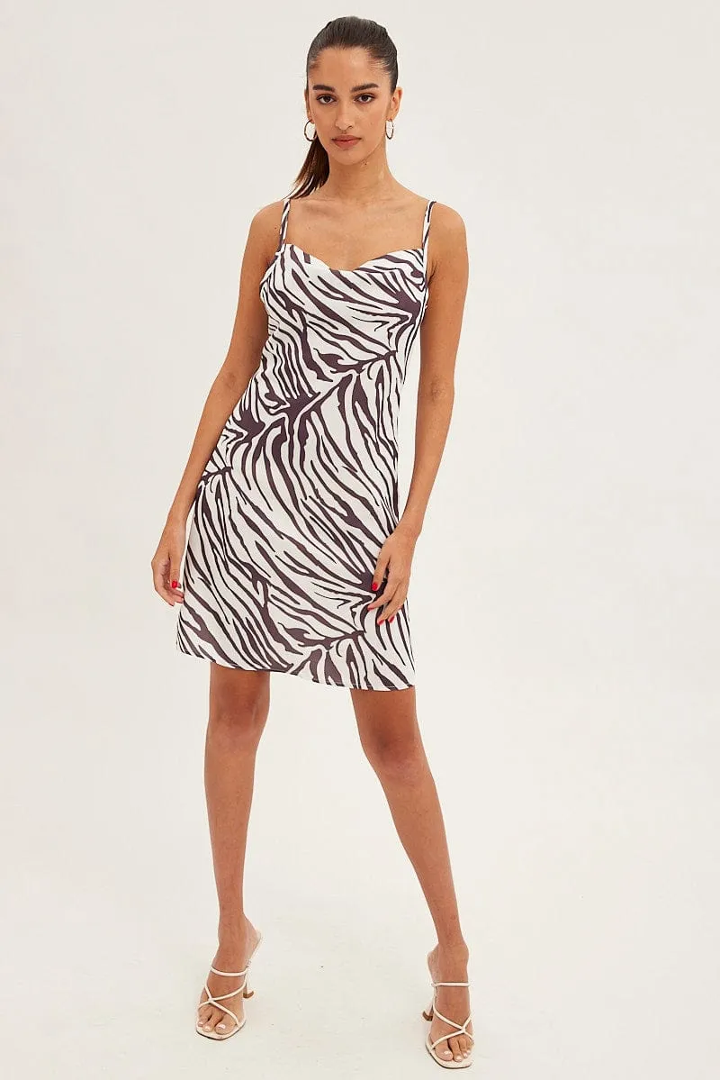 Brown Print Cowl Neck Mini Dress