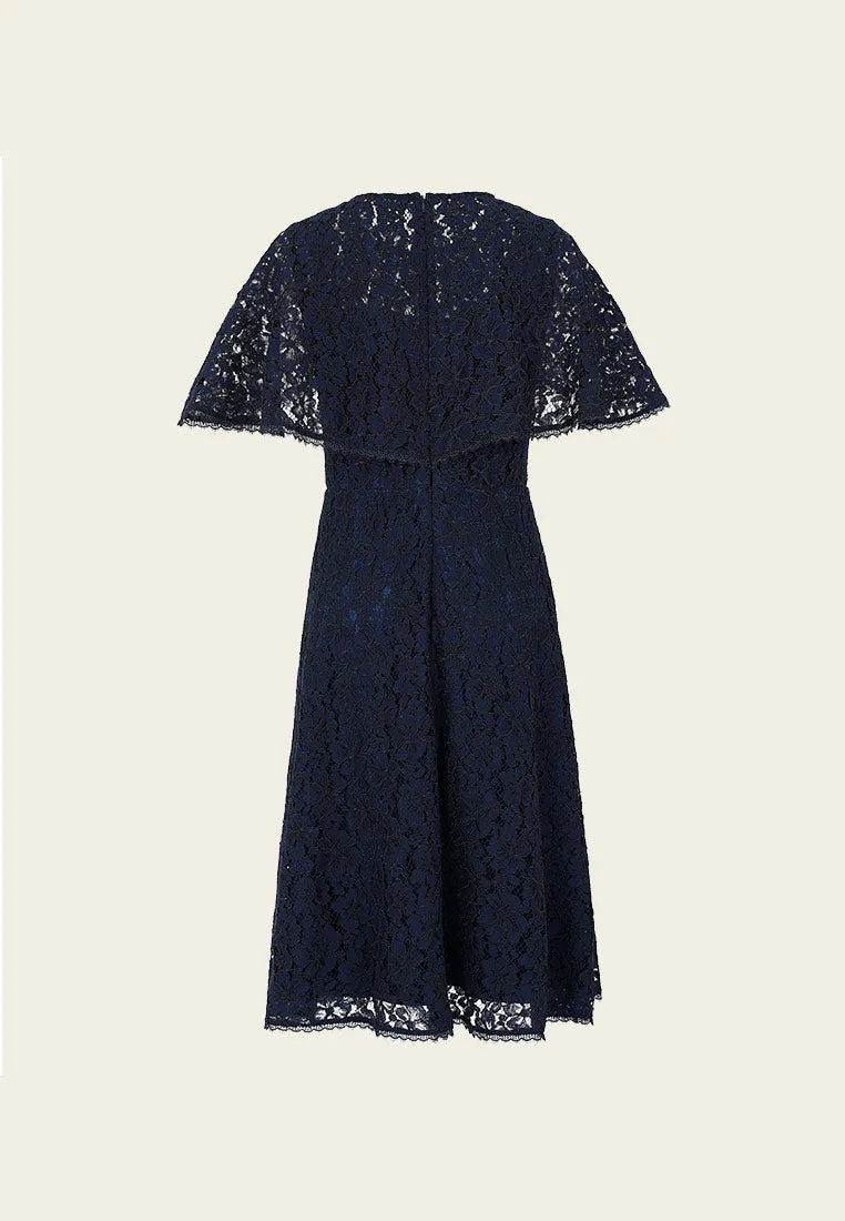 Butterfly-embroidered blue lace dress