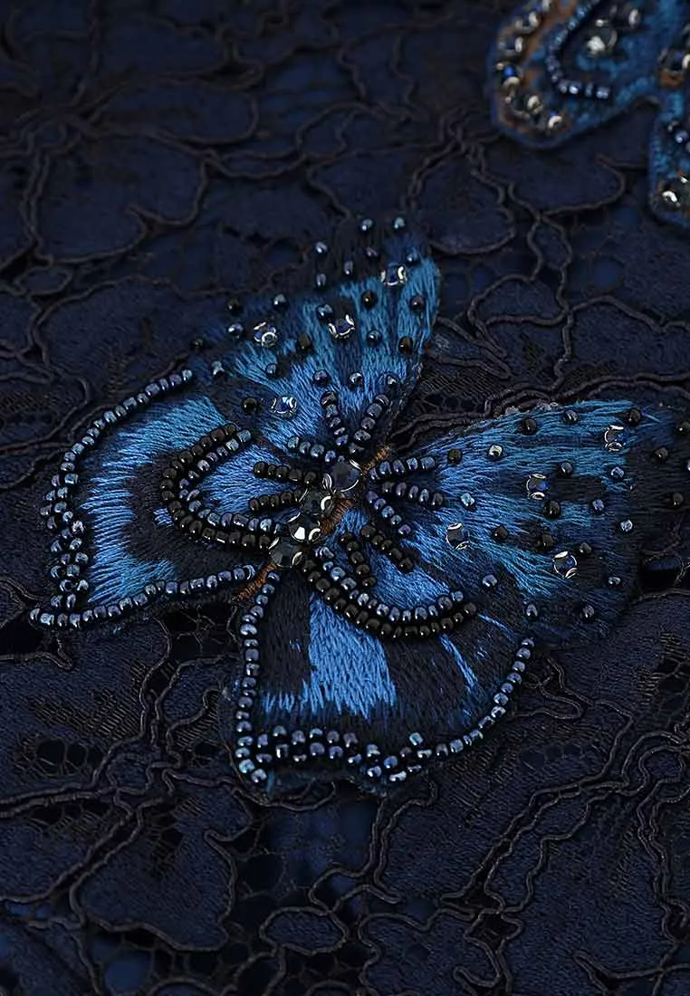 Butterfly-embroidered blue lace dress