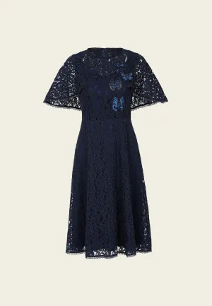 Butterfly-embroidered blue lace dress