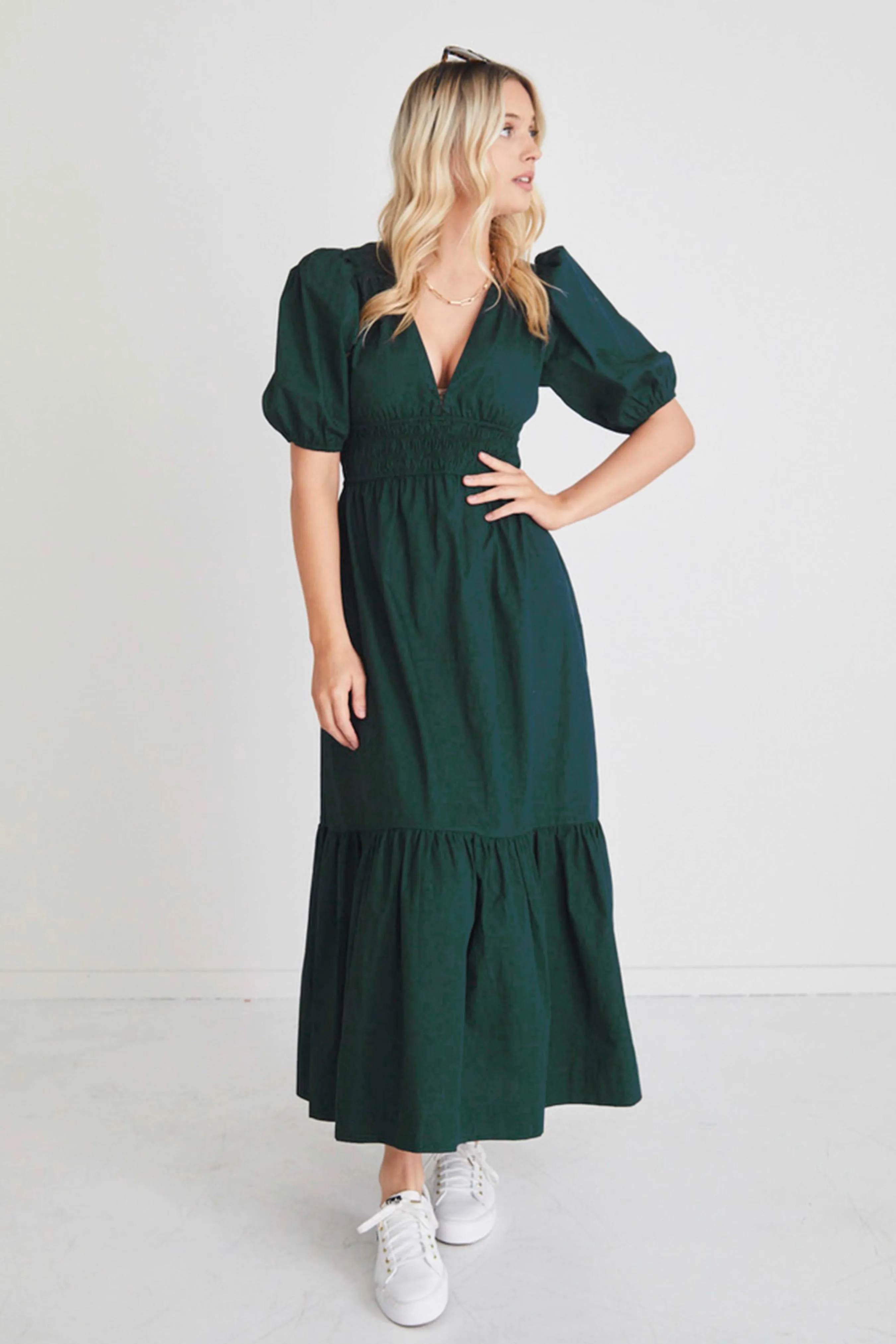 Circa Forest Green Ss Deep V Midi Dress