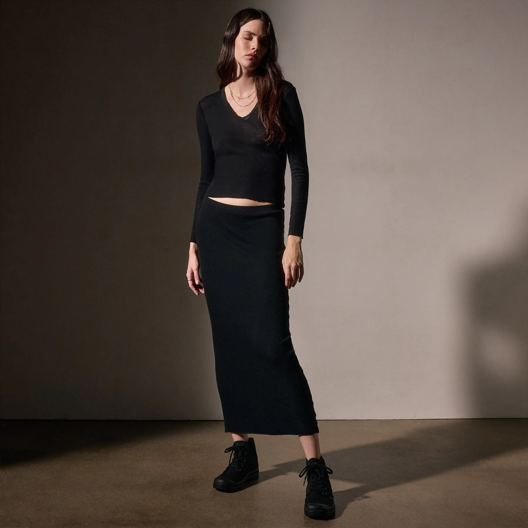 Cotton Cashmere Blend Rib Skirt - Black