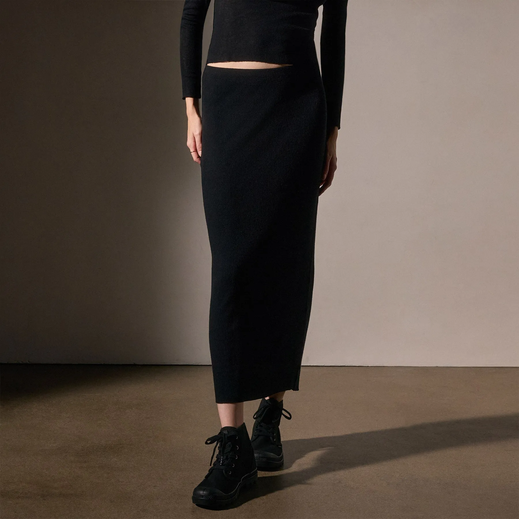 Cotton Cashmere Blend Rib Skirt - Black