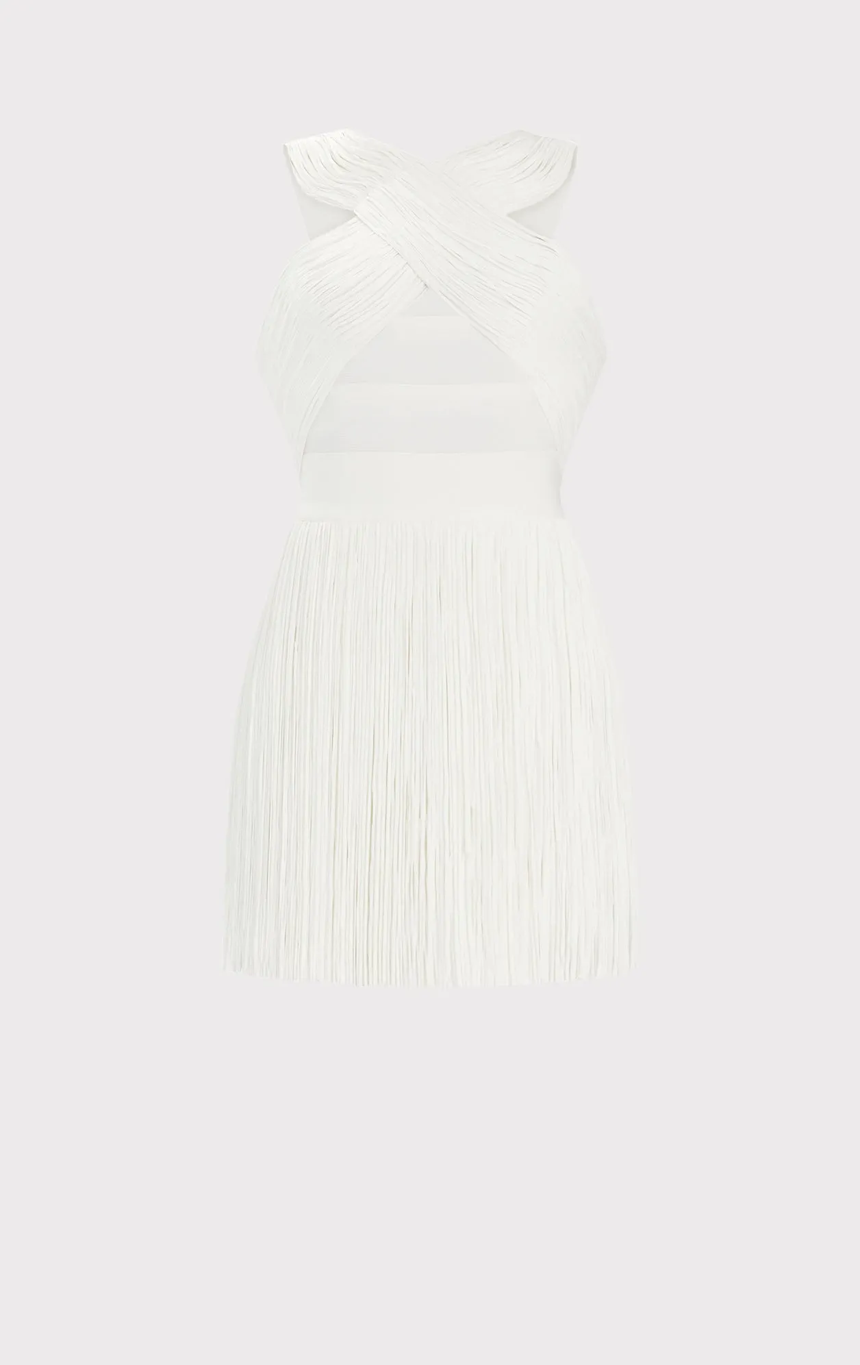 CROSSOVER HALTER FRINGE MINI DRESS