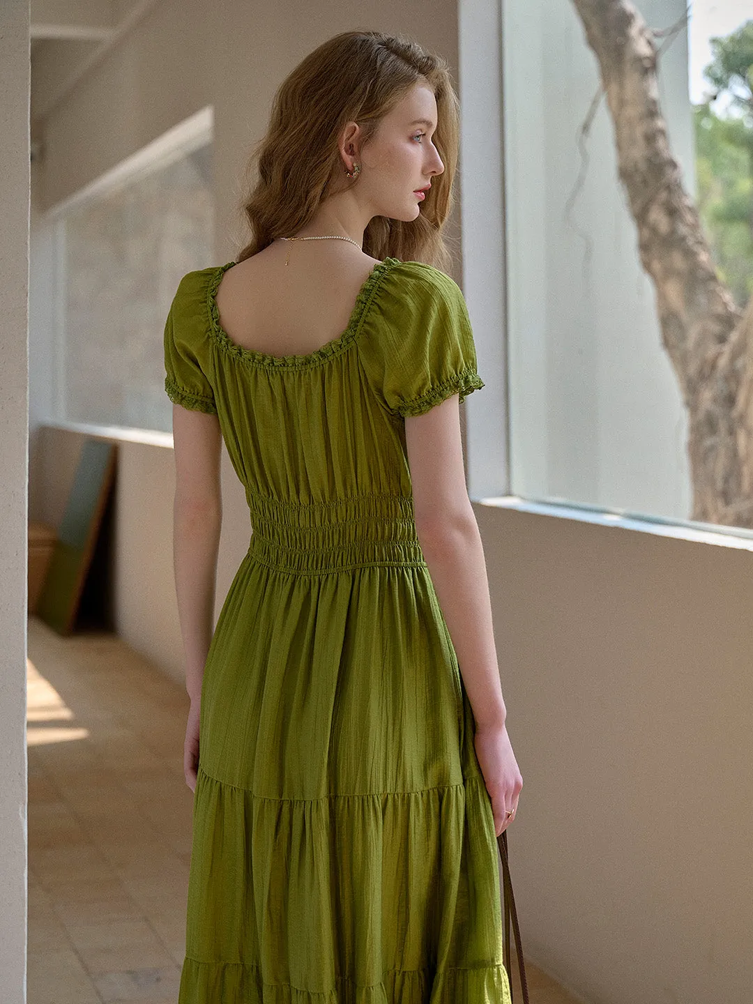 Dakota Round Neck Pleated Puff Sleeves Dress