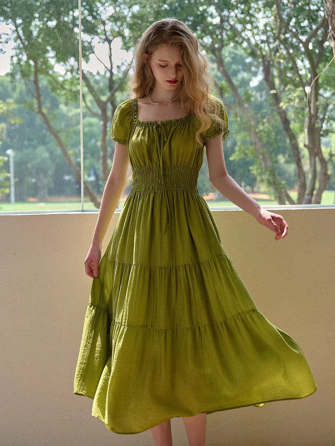 Dakota Round Neck Pleated Puff Sleeves Dress