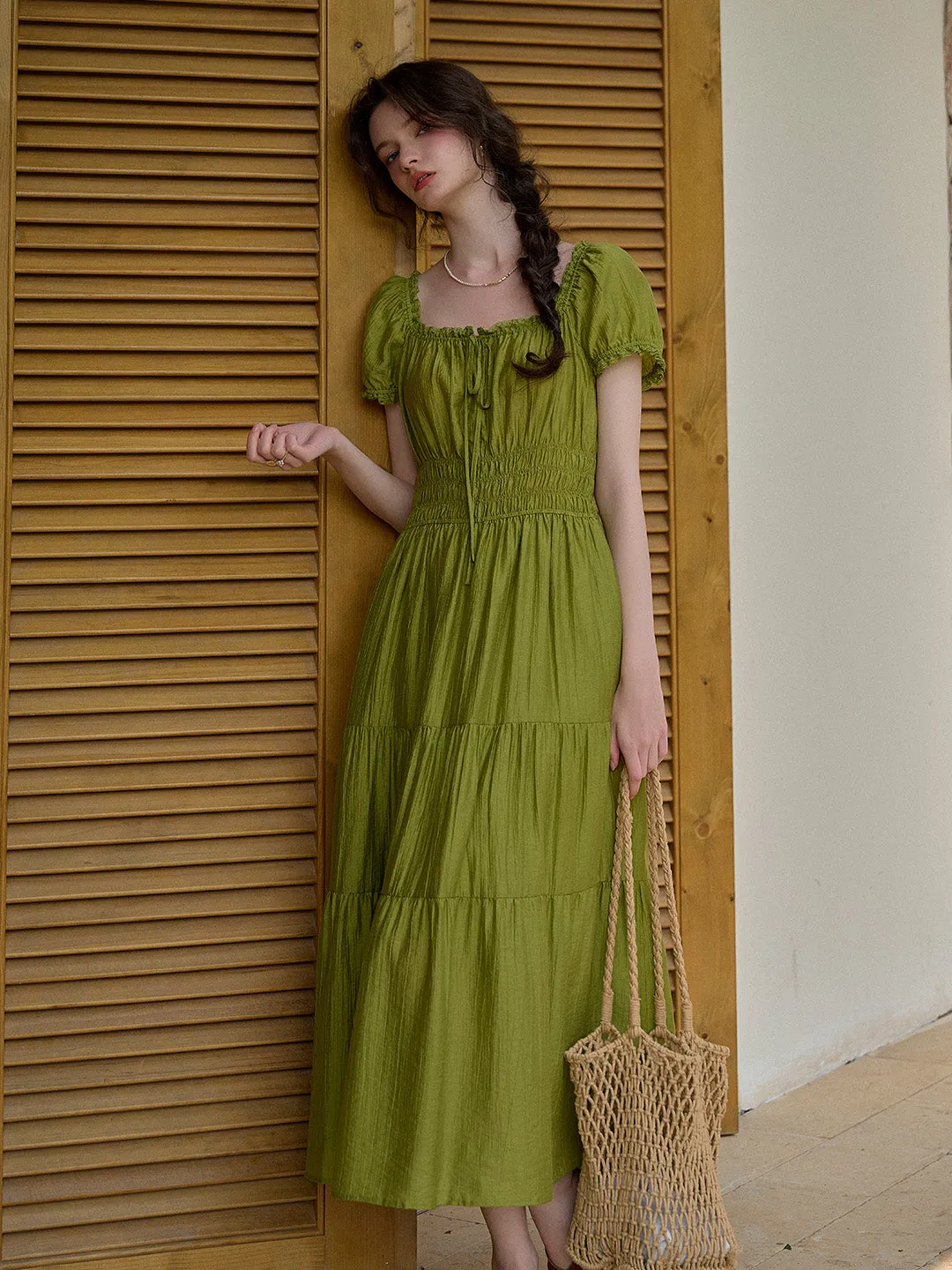 Dakota Round Neck Pleated Puff Sleeves Dress