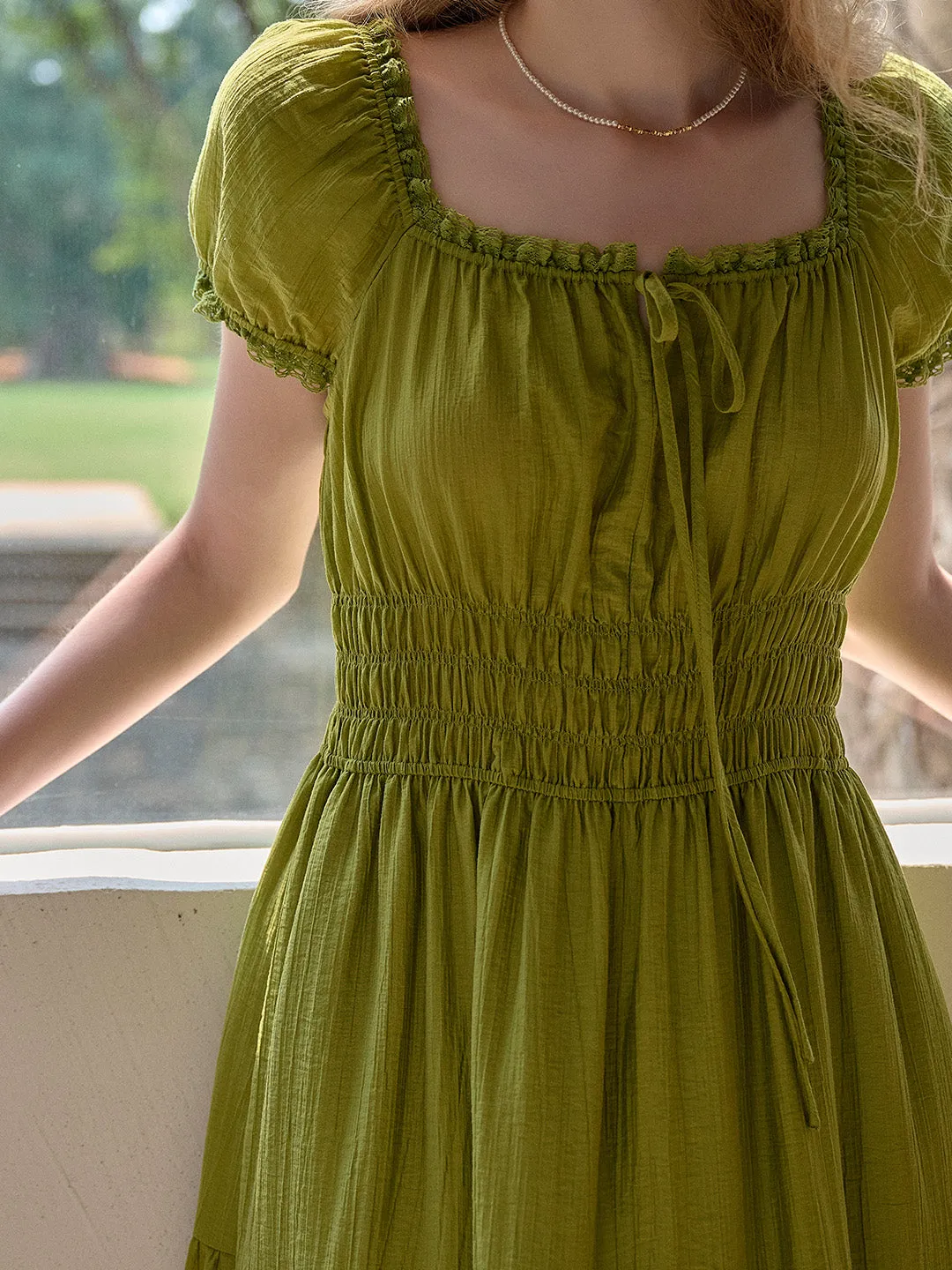 Dakota Round Neck Pleated Puff Sleeves Dress