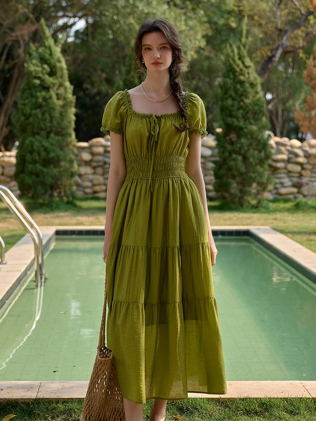 Dakota Round Neck Pleated Puff Sleeves Dress