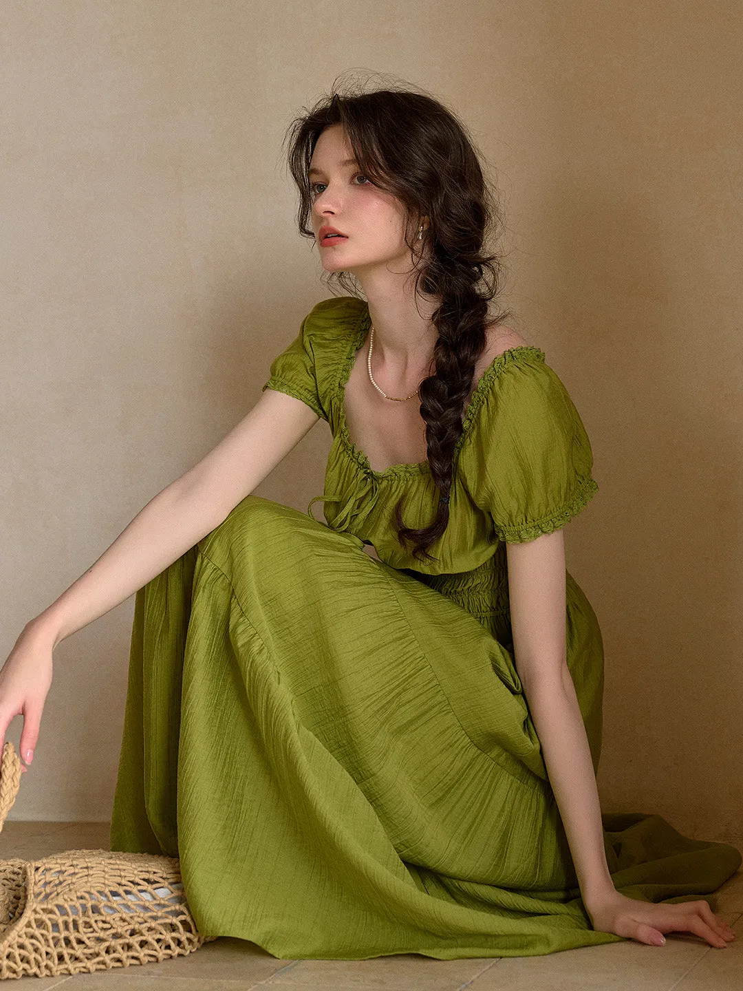 Dakota Round Neck Pleated Puff Sleeves Dress