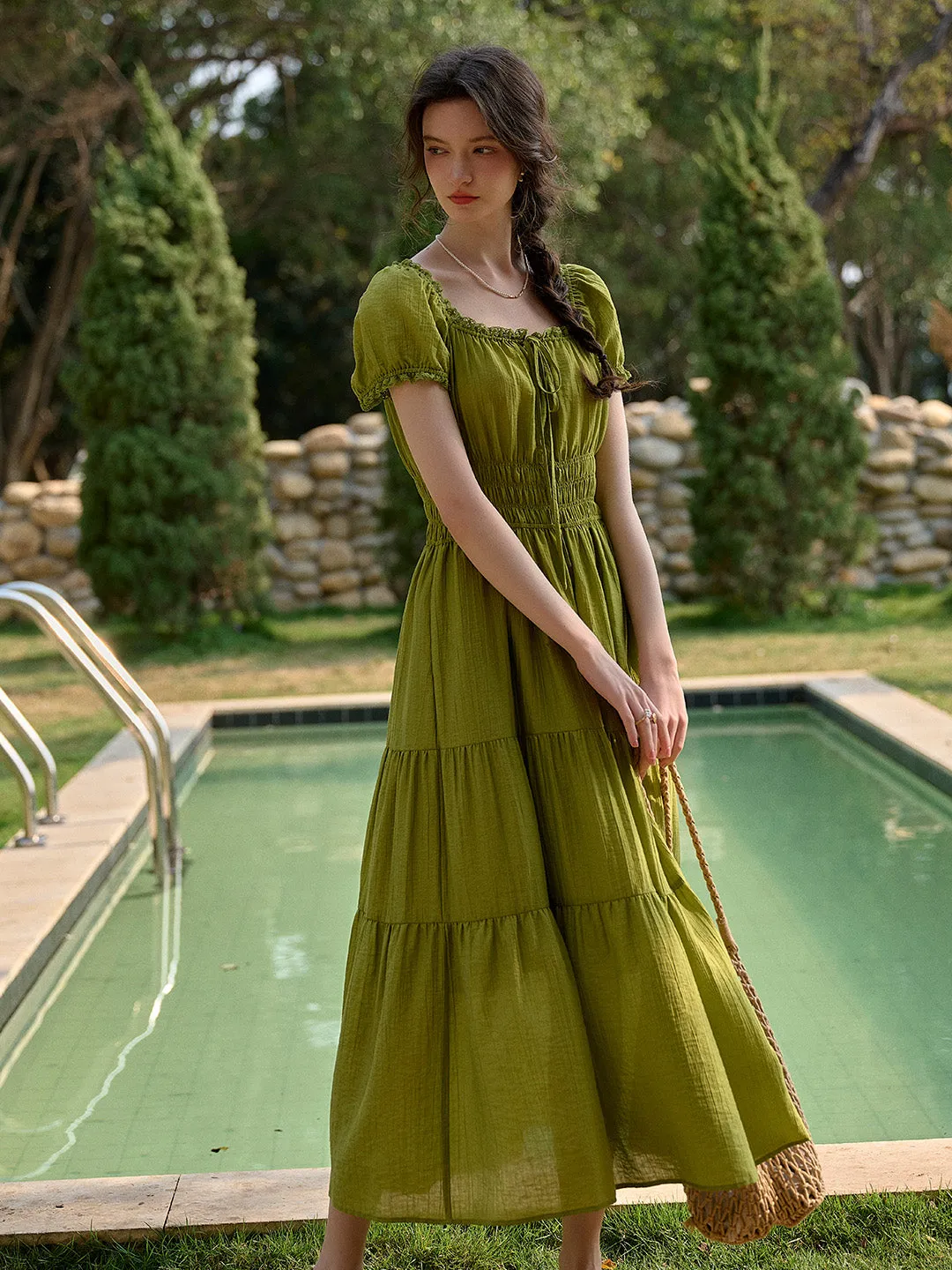 Dakota Round Neck Pleated Puff Sleeves Dress