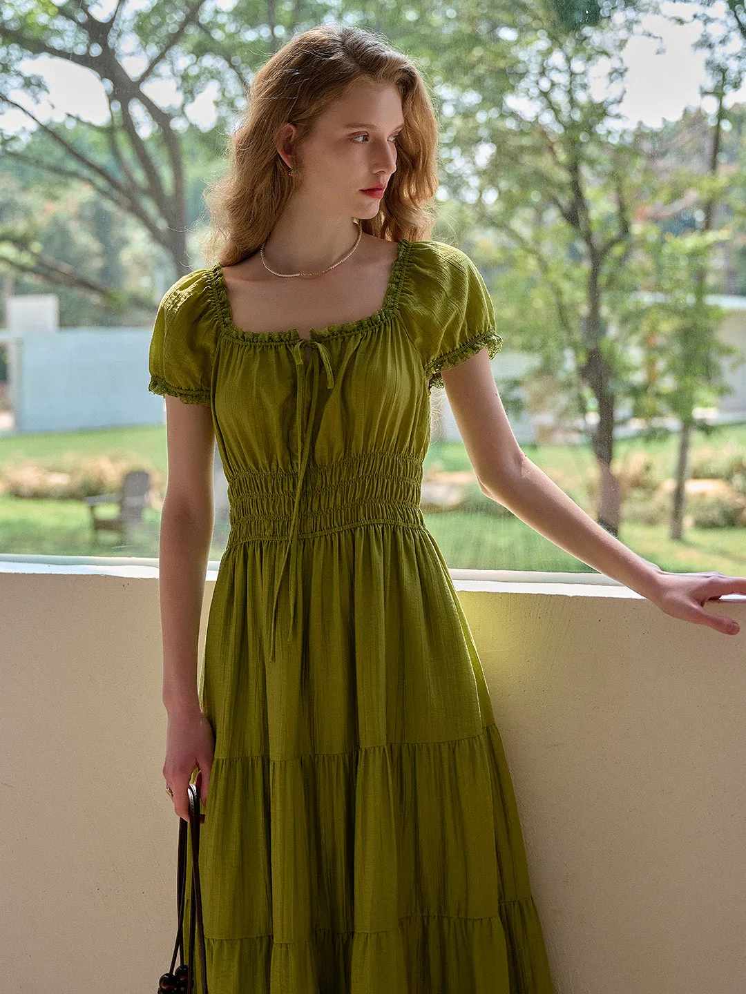 Dakota Round Neck Pleated Puff Sleeves Dress