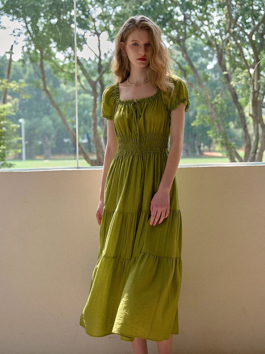 Dakota Round Neck Pleated Puff Sleeves Dress