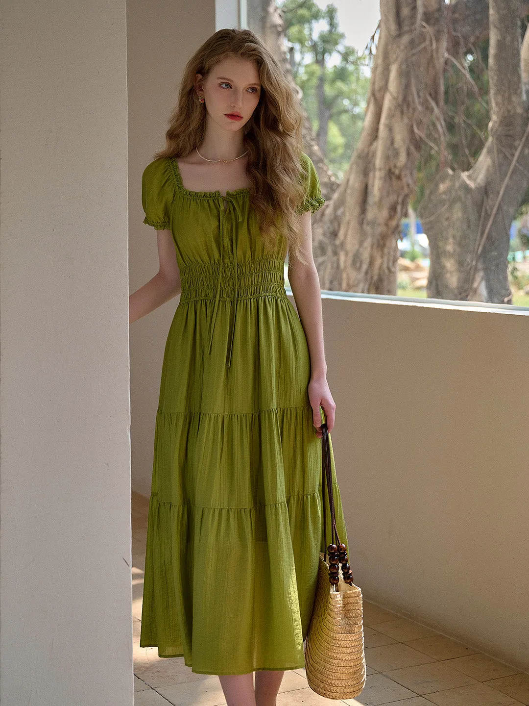 Dakota Round Neck Pleated Puff Sleeves Dress