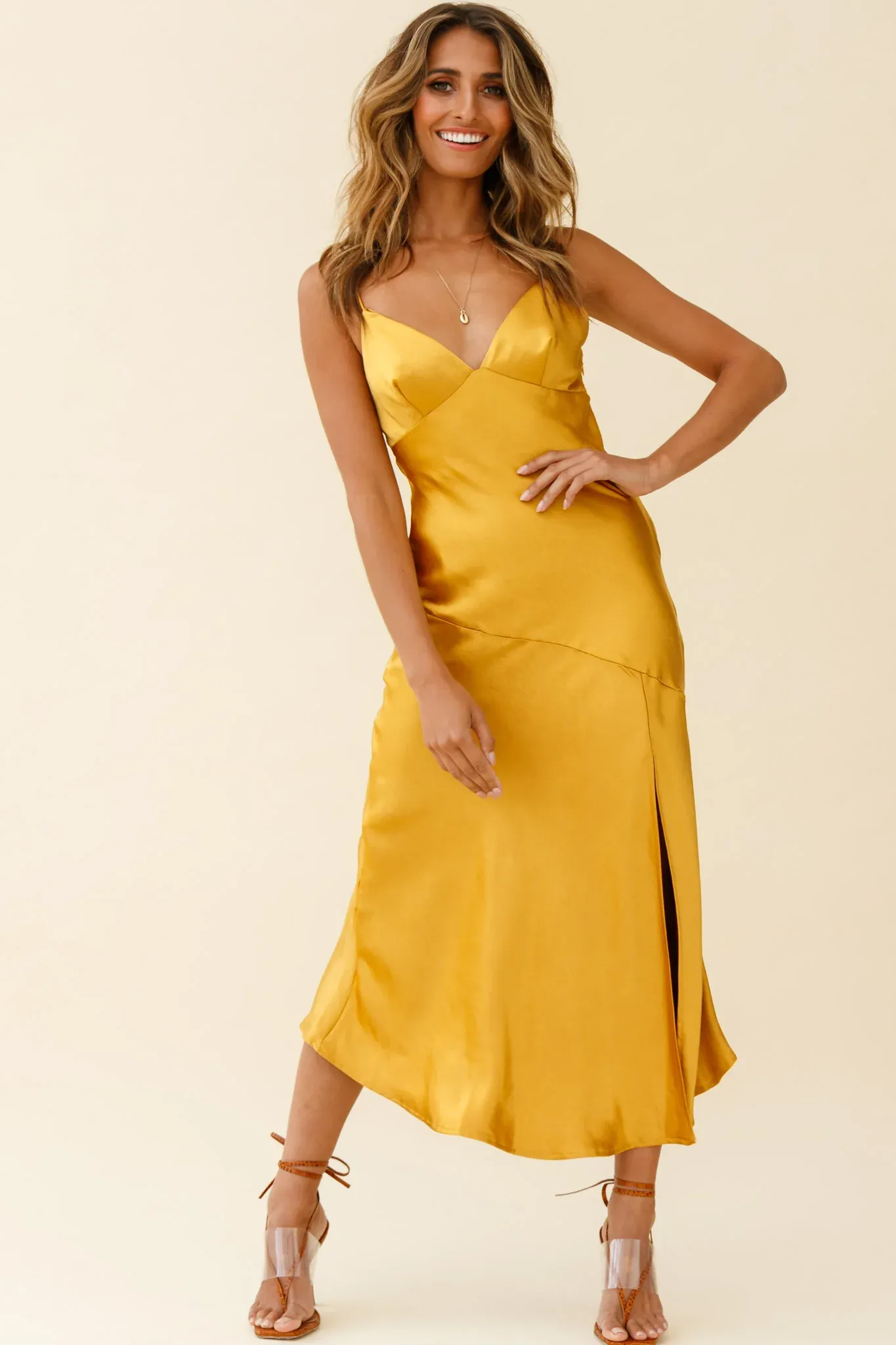 Downtown Cami Strap Front Split Midi Dress Mustard