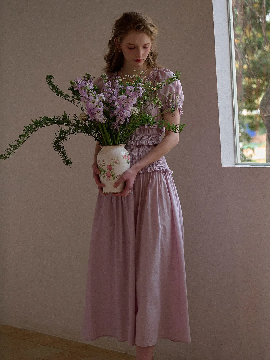 Elowen Round Neck Pleated 100% Cotton Dress - Purple