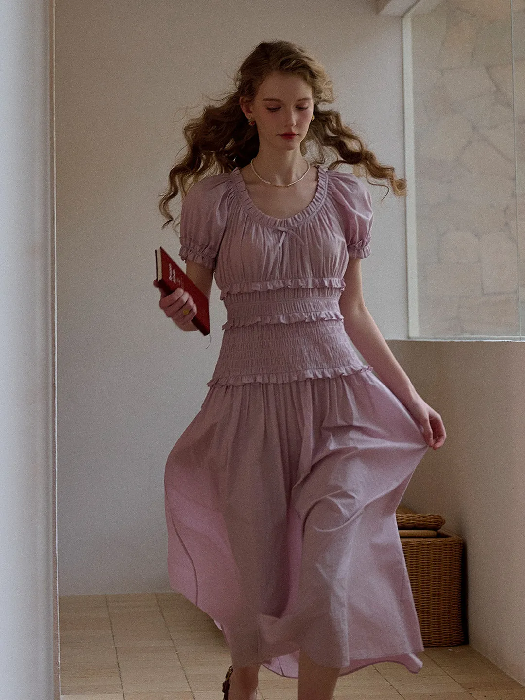 Elowen Round Neck Pleated 100% Cotton Dress - Purple