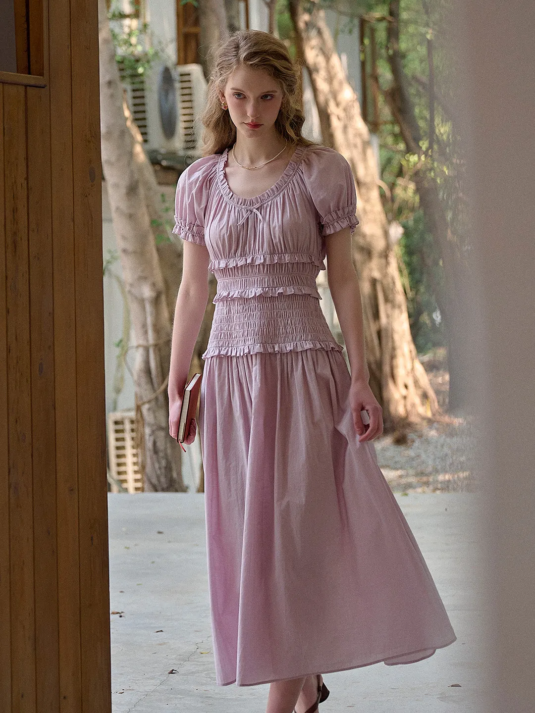 Elowen Round Neck Pleated 100% Cotton Dress - Purple