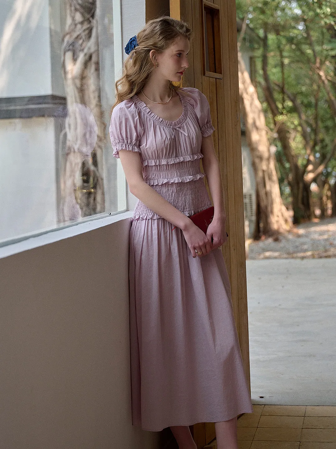 Elowen Round Neck Pleated 100% Cotton Dress - Purple