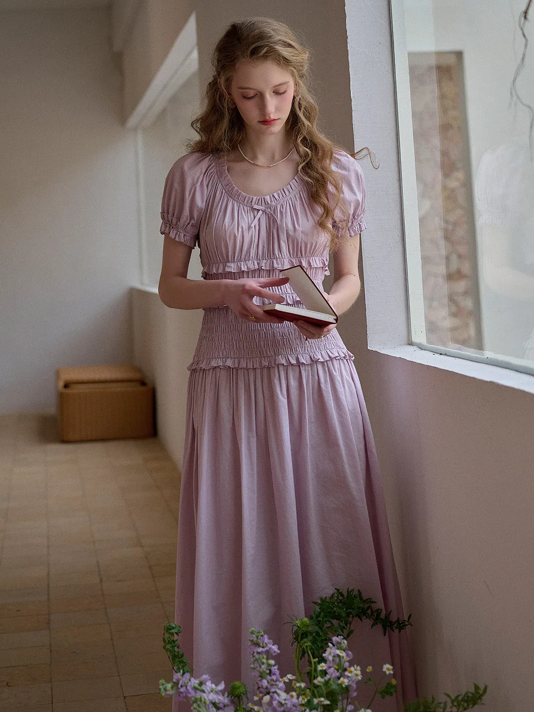Elowen Round Neck Pleated 100% Cotton Dress - Purple