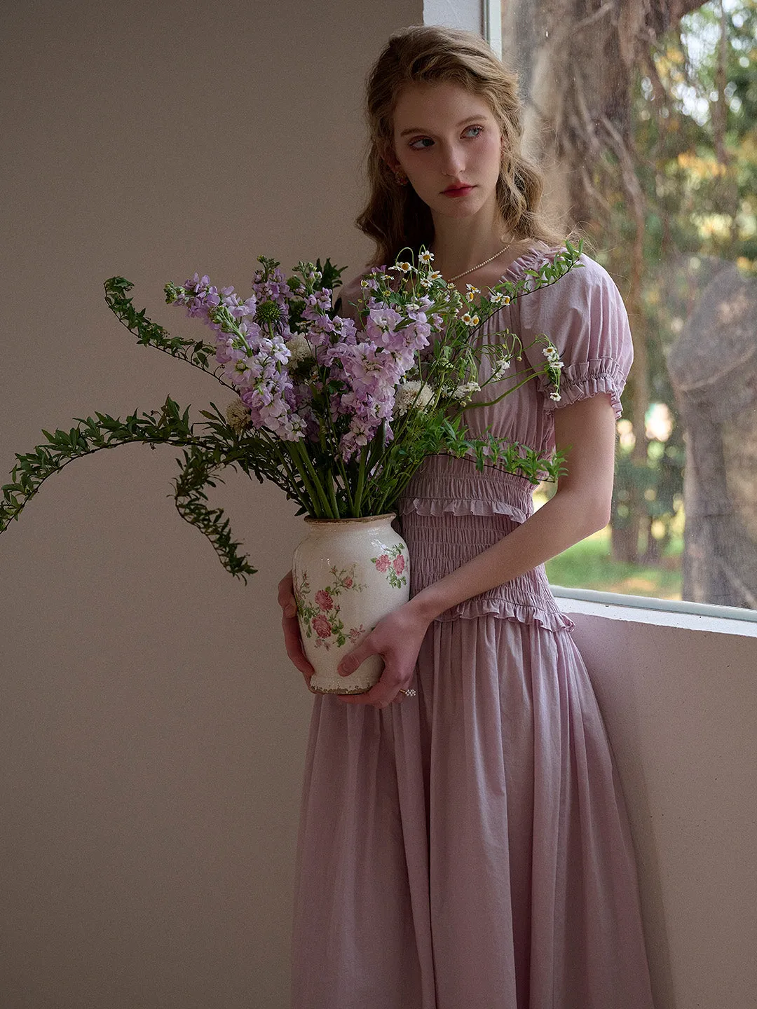 Elowen Round Neck Pleated 100% Cotton Dress - Purple