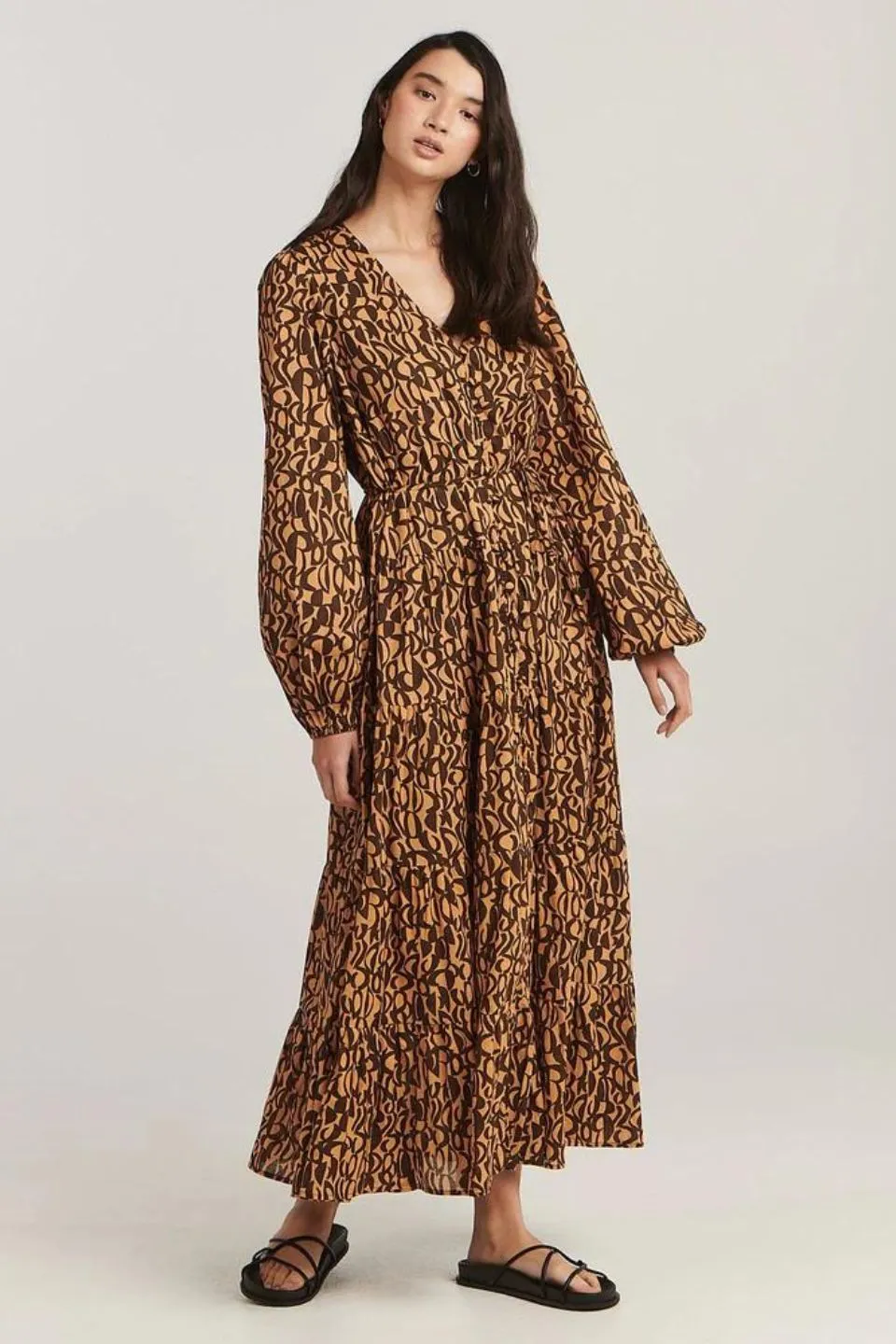 Eyler Chocolate Abstract LS Maxi Dress