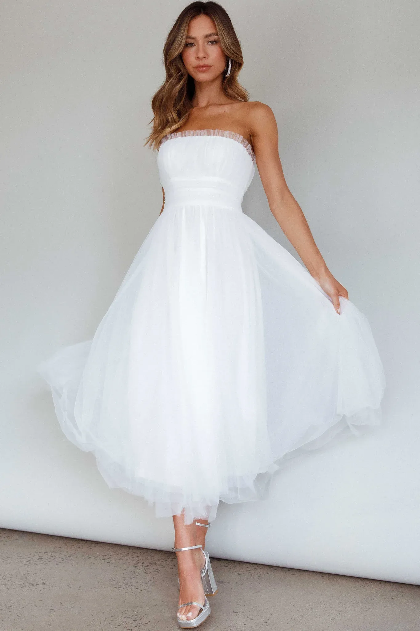 Fayette Strapless Mesh Midi Dress White