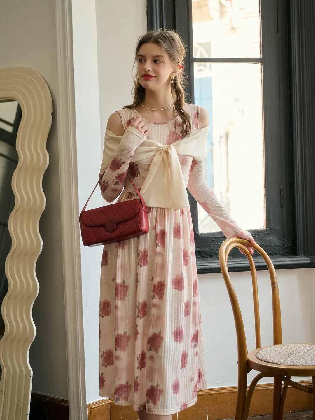 【Final Sale】Clare Off-The-Shoulder Bow Print Contrast Color Dress