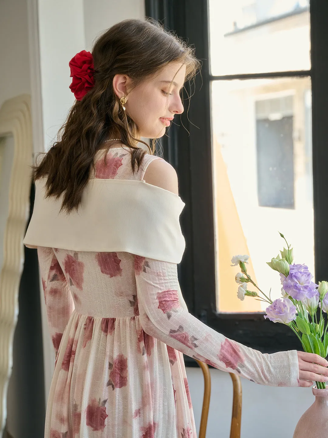【Final Sale】Clare Off-The-Shoulder Bow Print Contrast Color Dress