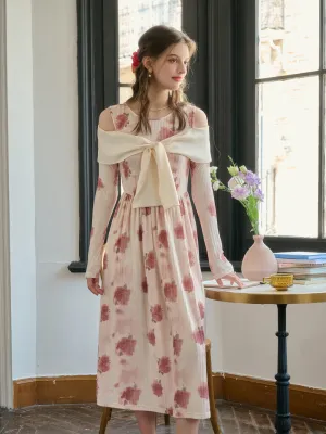 【Final Sale】Clare Off-The-Shoulder Bow Print Contrast Color Dress