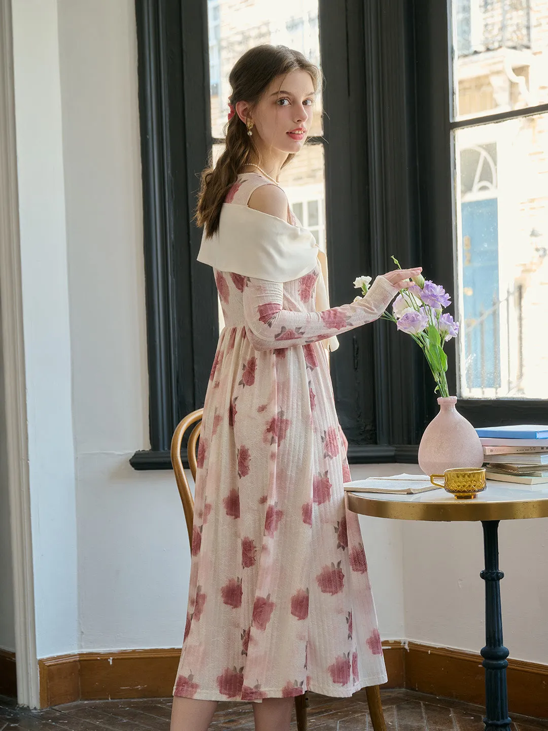【Final Sale】Clare Off-The-Shoulder Bow Print Contrast Color Dress