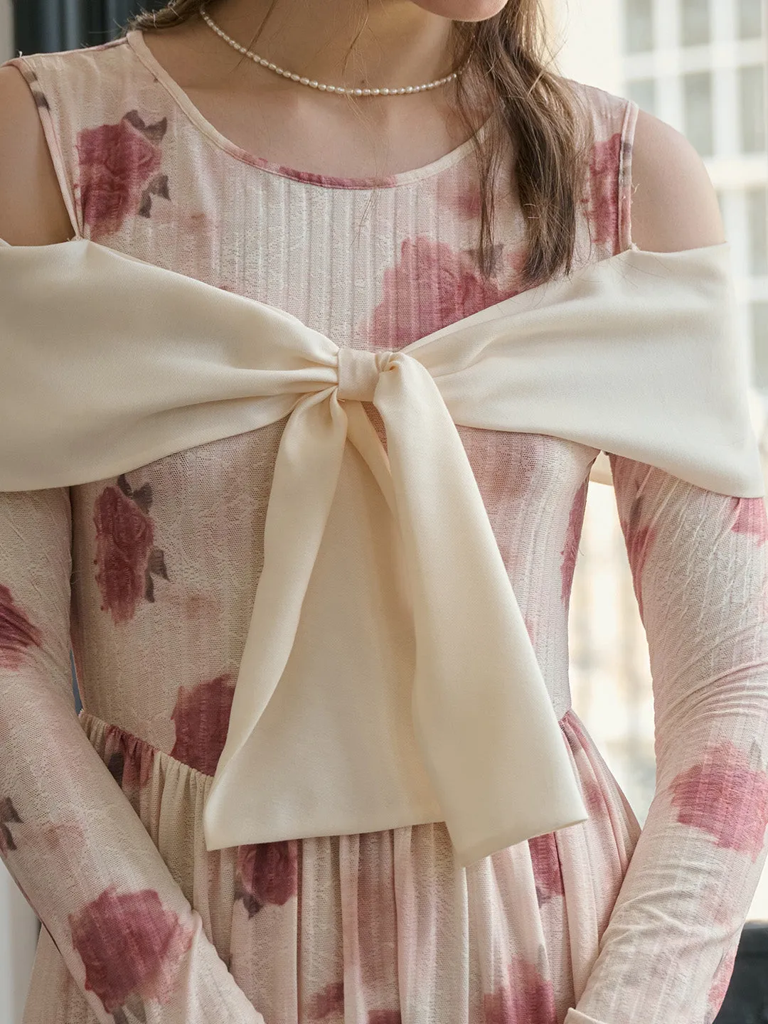 【Final Sale】Clare Off-The-Shoulder Bow Print Contrast Color Dress