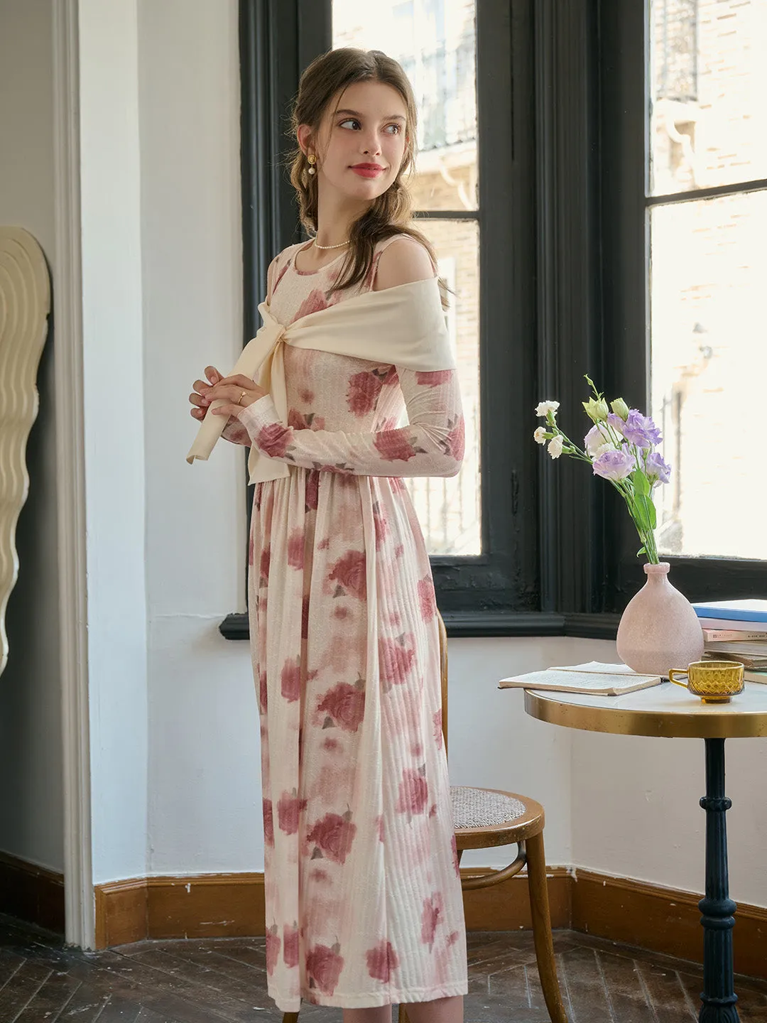 【Final Sale】Clare Off-The-Shoulder Bow Print Contrast Color Dress