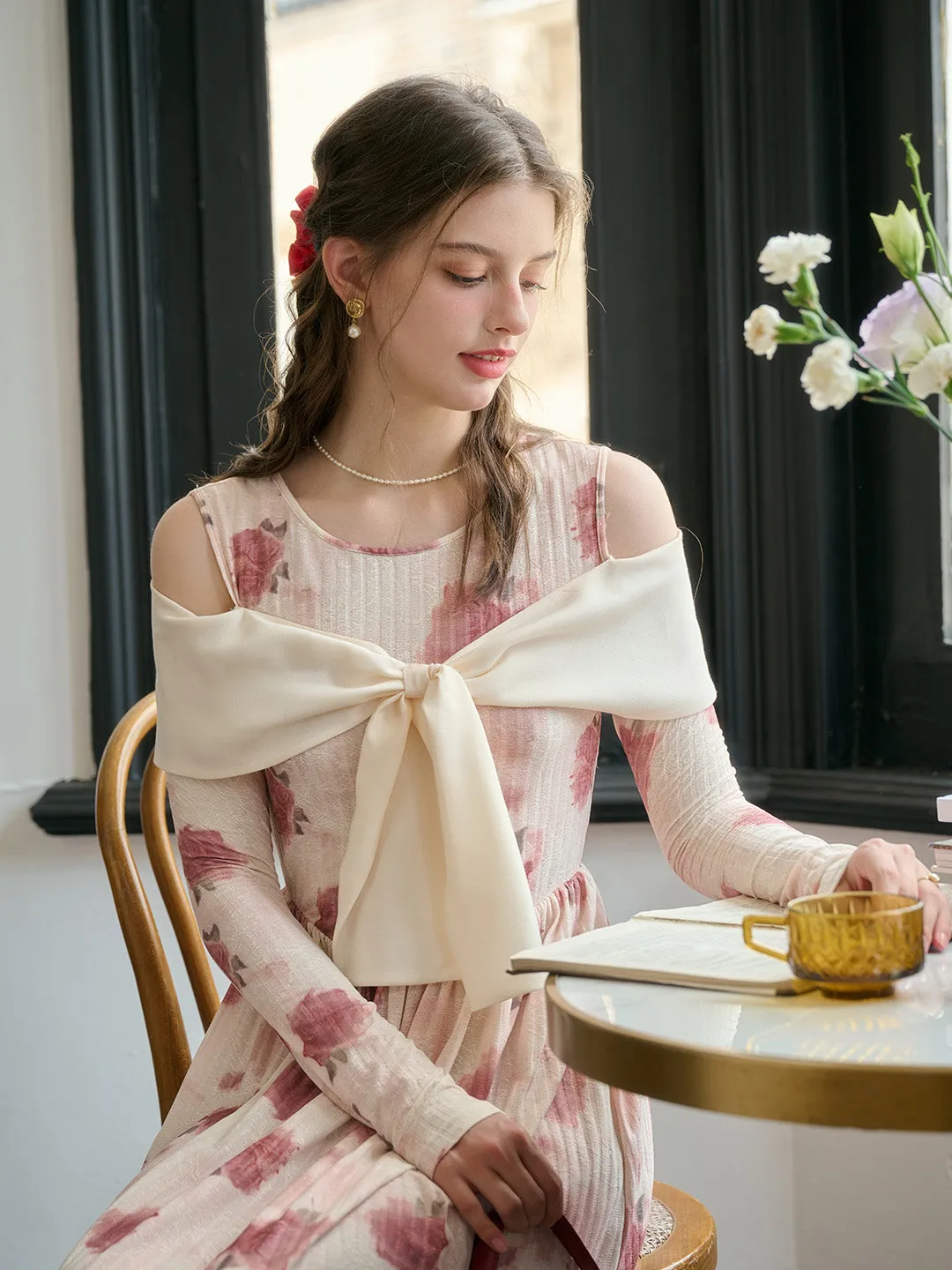 【Final Sale】Clare Off-The-Shoulder Bow Print Contrast Color Dress