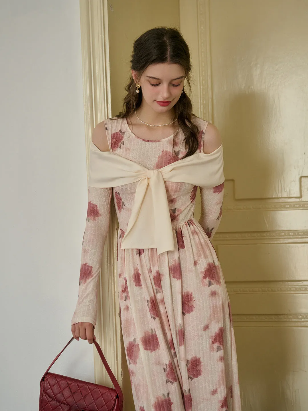 【Final Sale】Clare Off-The-Shoulder Bow Print Contrast Color Dress