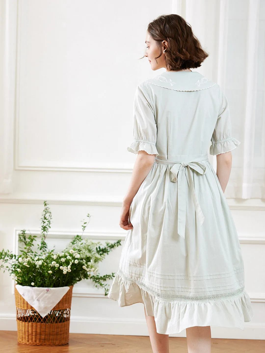 【Final Sale】Magen Retro Notched Collar Back Lace-up Cotton Dress