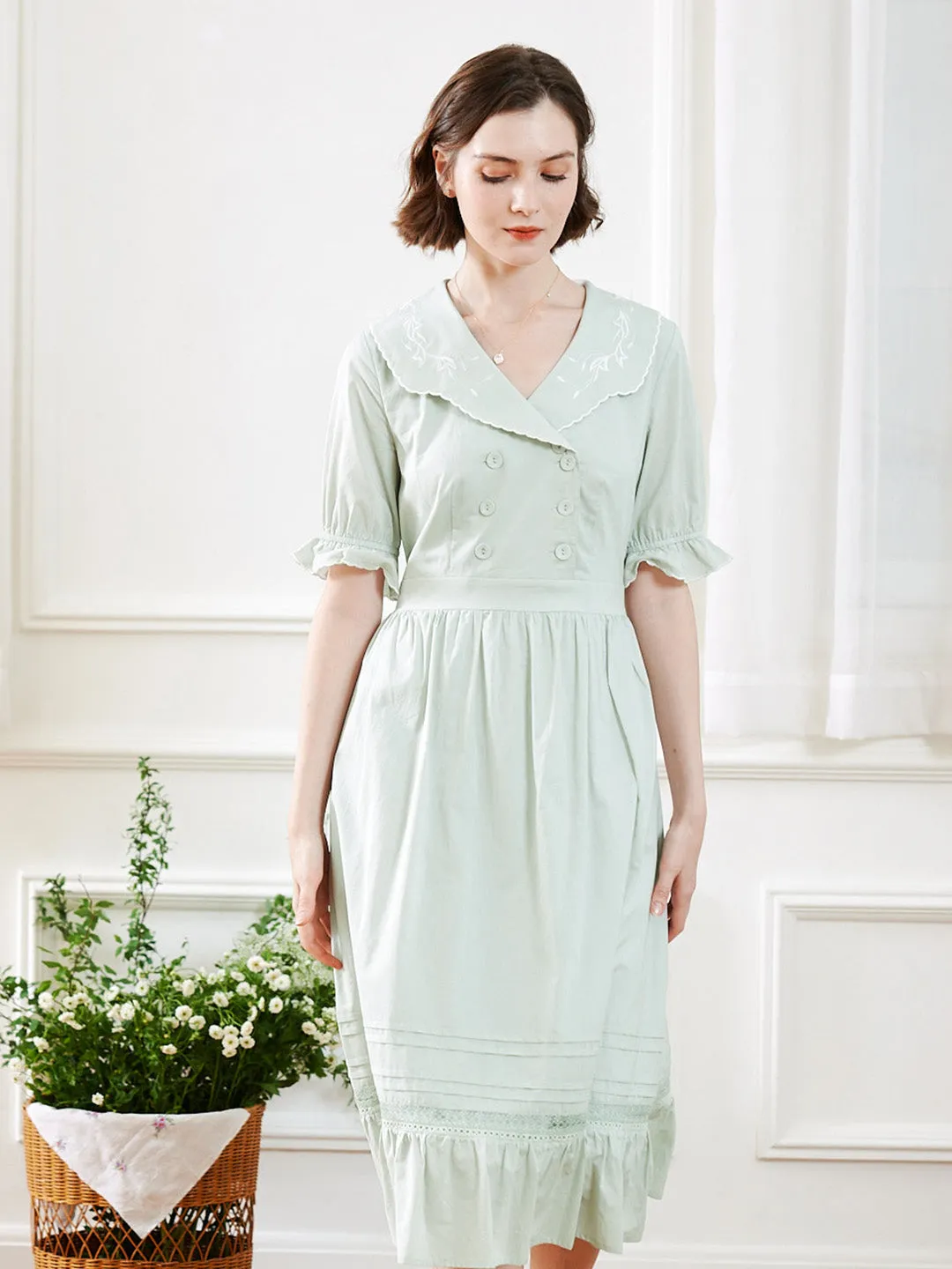 【Final Sale】Magen Retro Notched Collar Back Lace-up Cotton Dress