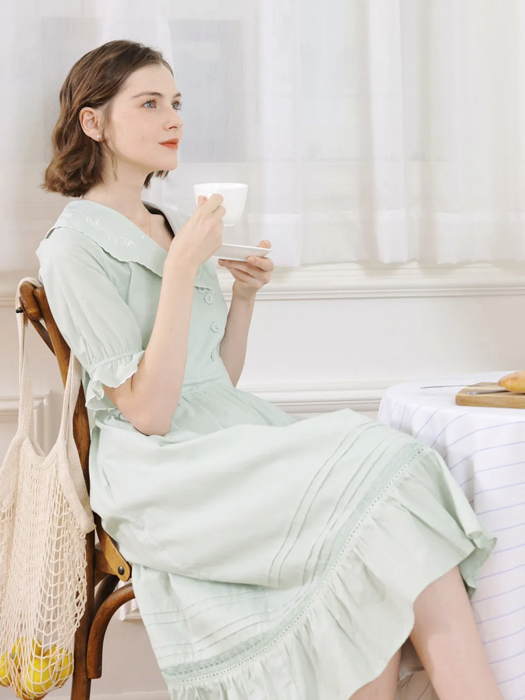 【Final Sale】Magen Retro Notched Collar Back Lace-up Cotton Dress