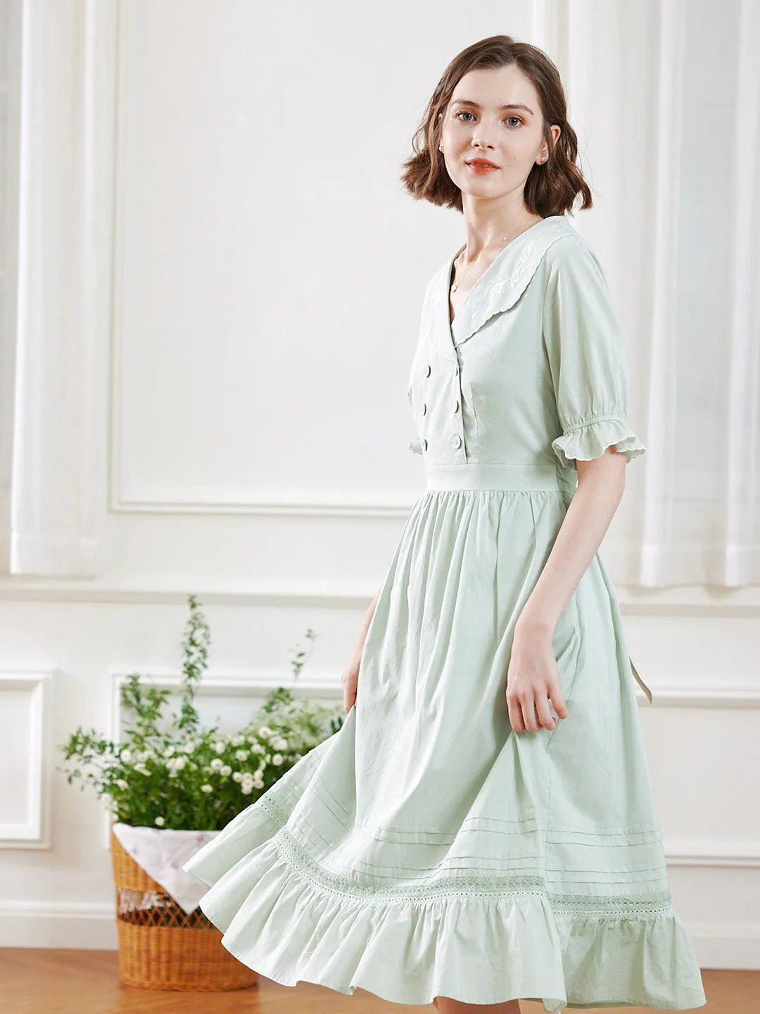 【Final Sale】Magen Retro Notched Collar Back Lace-up Cotton Dress
